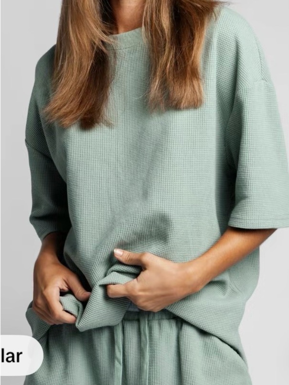 Relaxed Waffle-Knit Short-Sleeve/Short Set- Sage Green